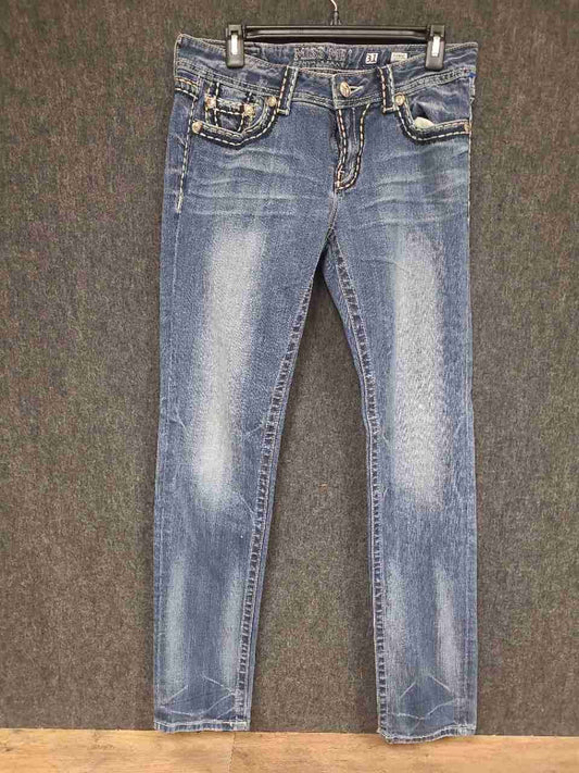 Miss Me Women's Sunny Skinny Jeans Blue Embellished Pockets Heavy Stitch Sz 31