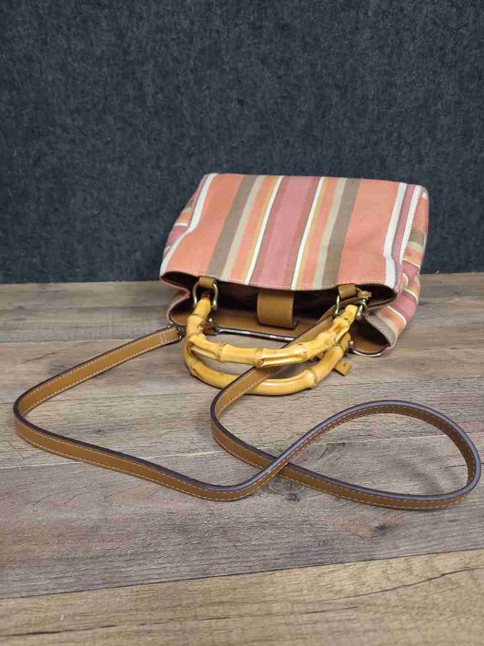 Fossil Striped Canvas Bamboo Handle Satchel Bag Pink Orange Multi-Color