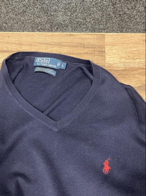 Polo Ralph Lauren Men's V-Neck Pullover Sweater Navy Blue Pima Cotton Sz L