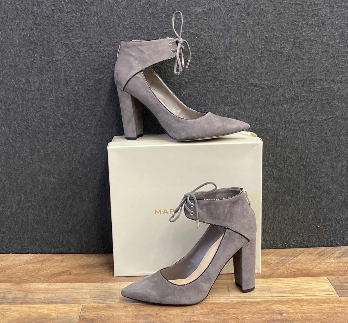 Marc Fisher Jasmyn Gray Multi Suede Pointed Toe Block Heel Pumps Size 9.5