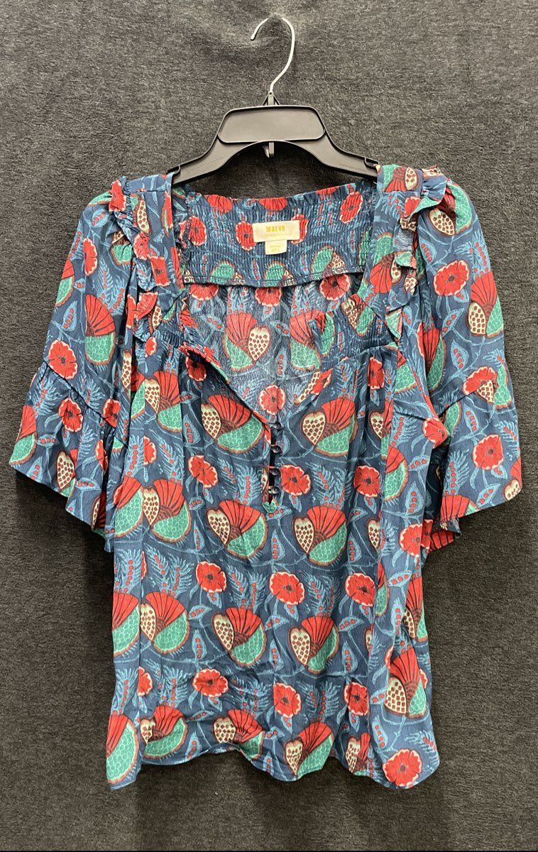 Maeve Anthropologie Women's Blue Floral Smocked Ruffle Sleeve Viscose Top Sz S
