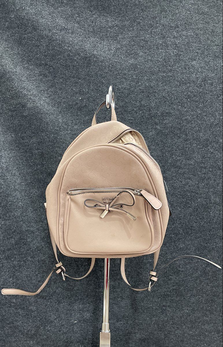 Guess Pink Embossed Logo Mini Backpack Bag Silver Hardware Bow Detail