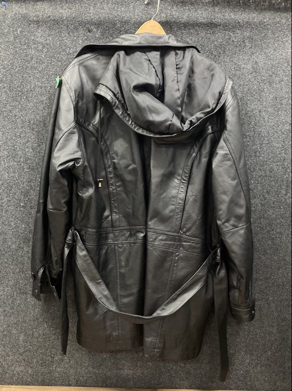 Vintage 90s Prestige Men's Black Leather Hooded Quilted Parka Jacket Sz L