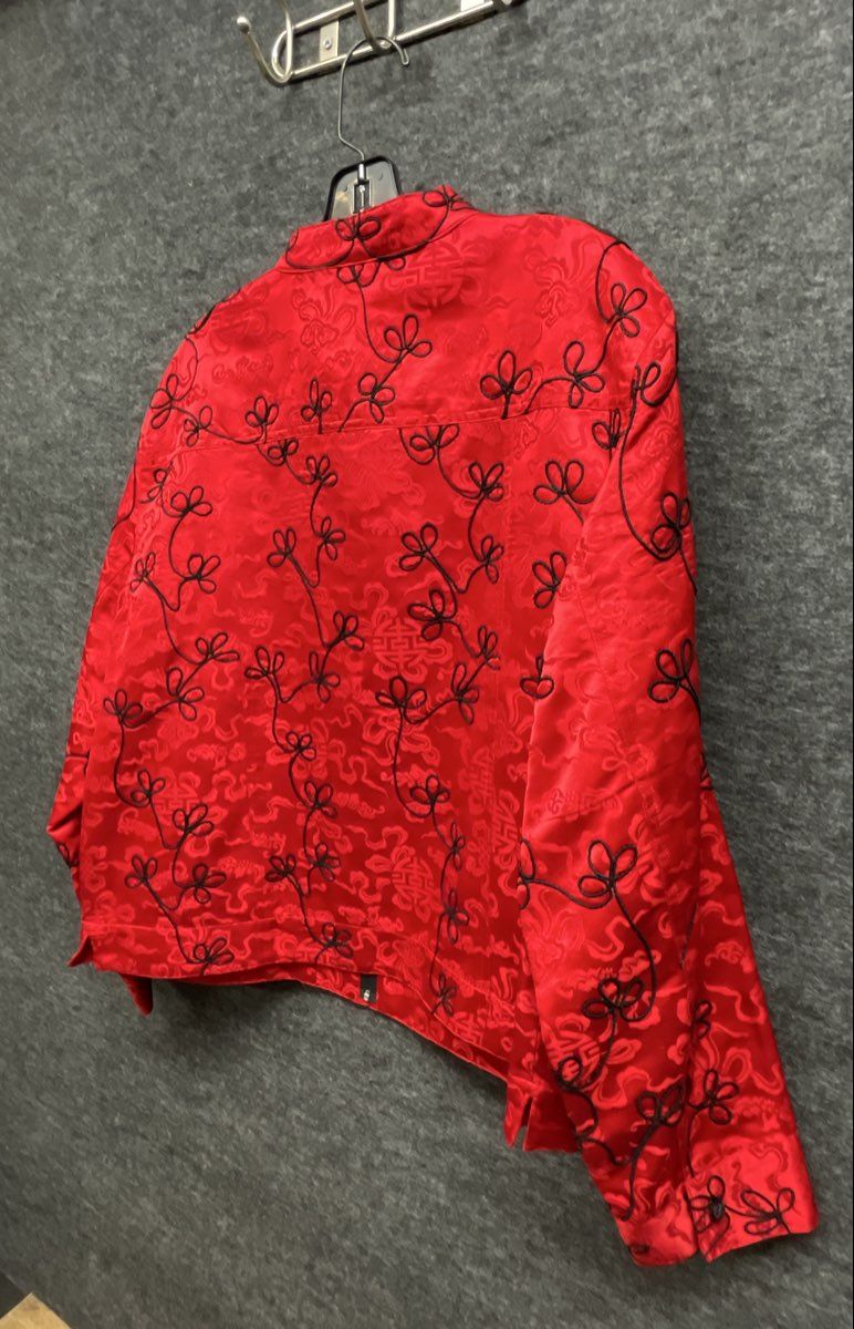 Vintage Y2K Chico's Design Women's Red Silk Embroidered Mandarin Jacket Sz 3