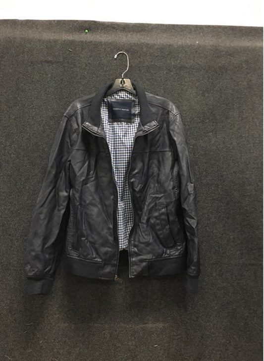 Tommy Hilfiger Men's Navy Blue Faux Leather Bomber Jacket Gingham Lined Sz M