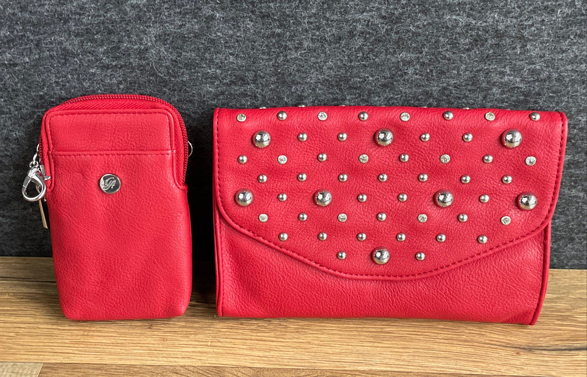 Grace Adele Red Pebbled Satchel Handbag with Studded Pouch & Wallet Set NWT