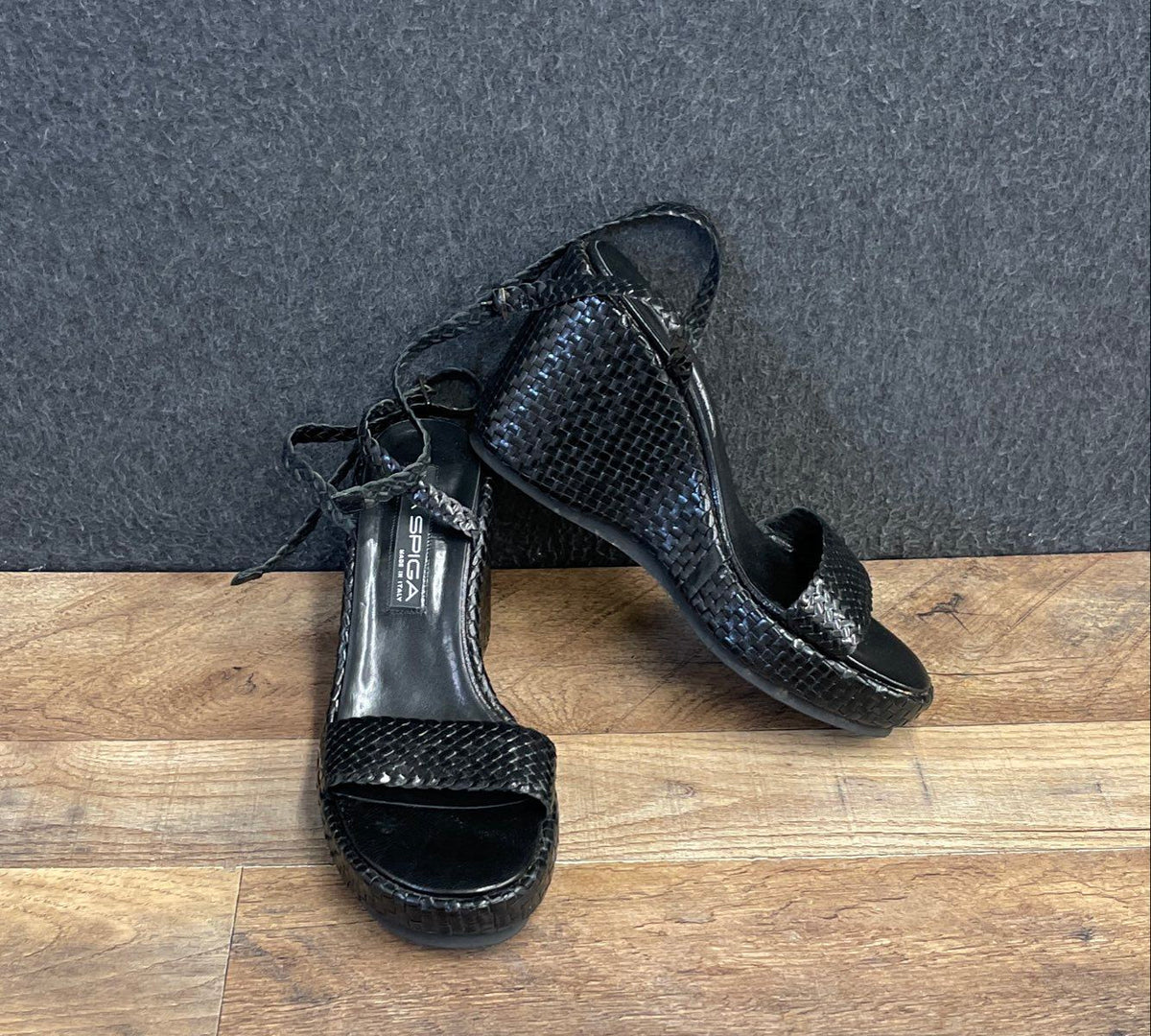 Via Spiga Black Woven Leather Ankle Strap Platform Wedge Sandals Size 8.5 M