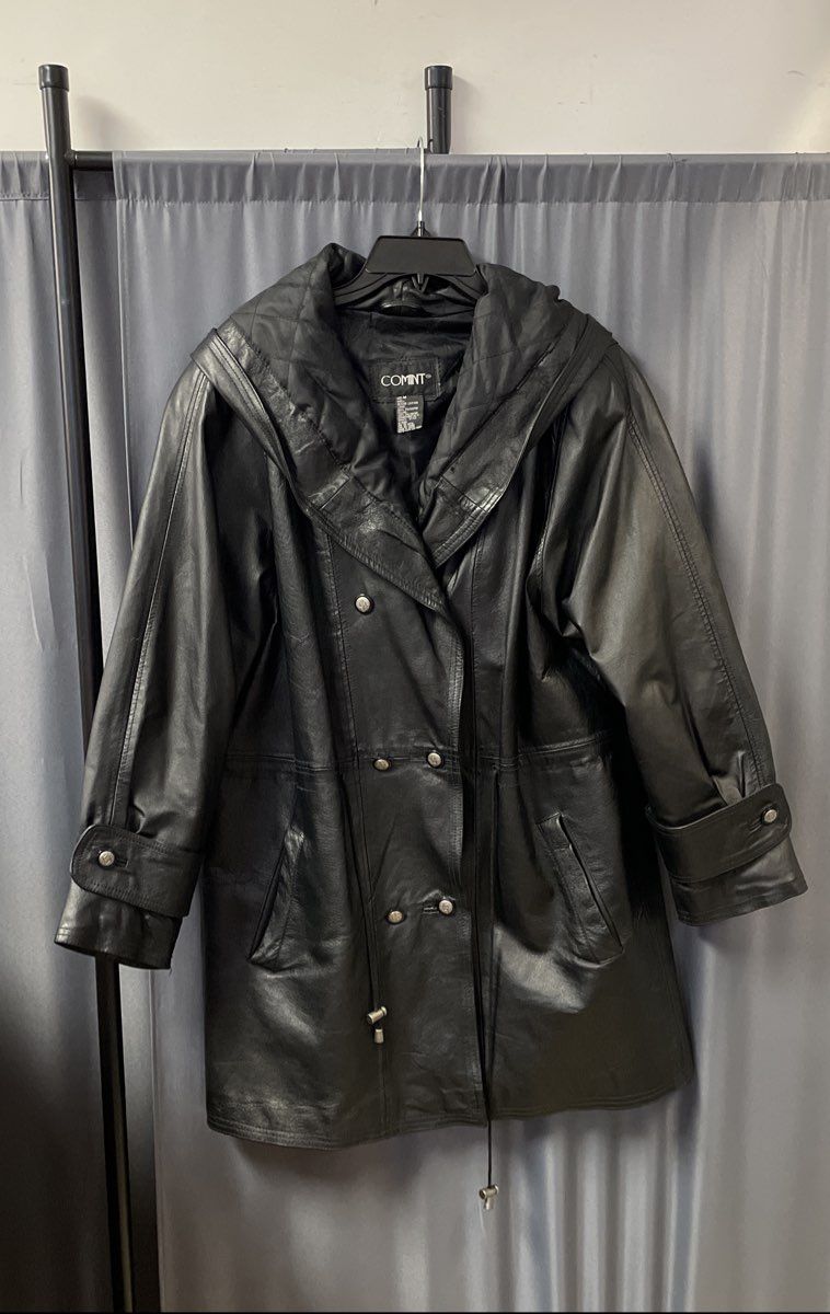 Vintage 90s Comint Women's Black Leather Hooded Double Breasted Jacket Sz M