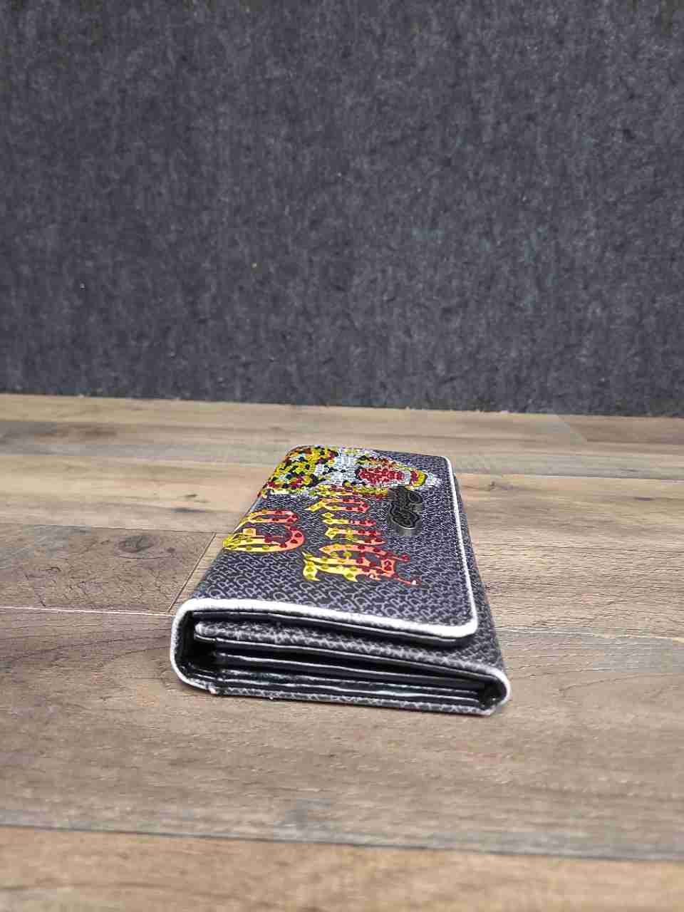 Ed Hardy Grey Vintage Y2K Tiger Rhinestone Trifold Long Wallet Clutch
