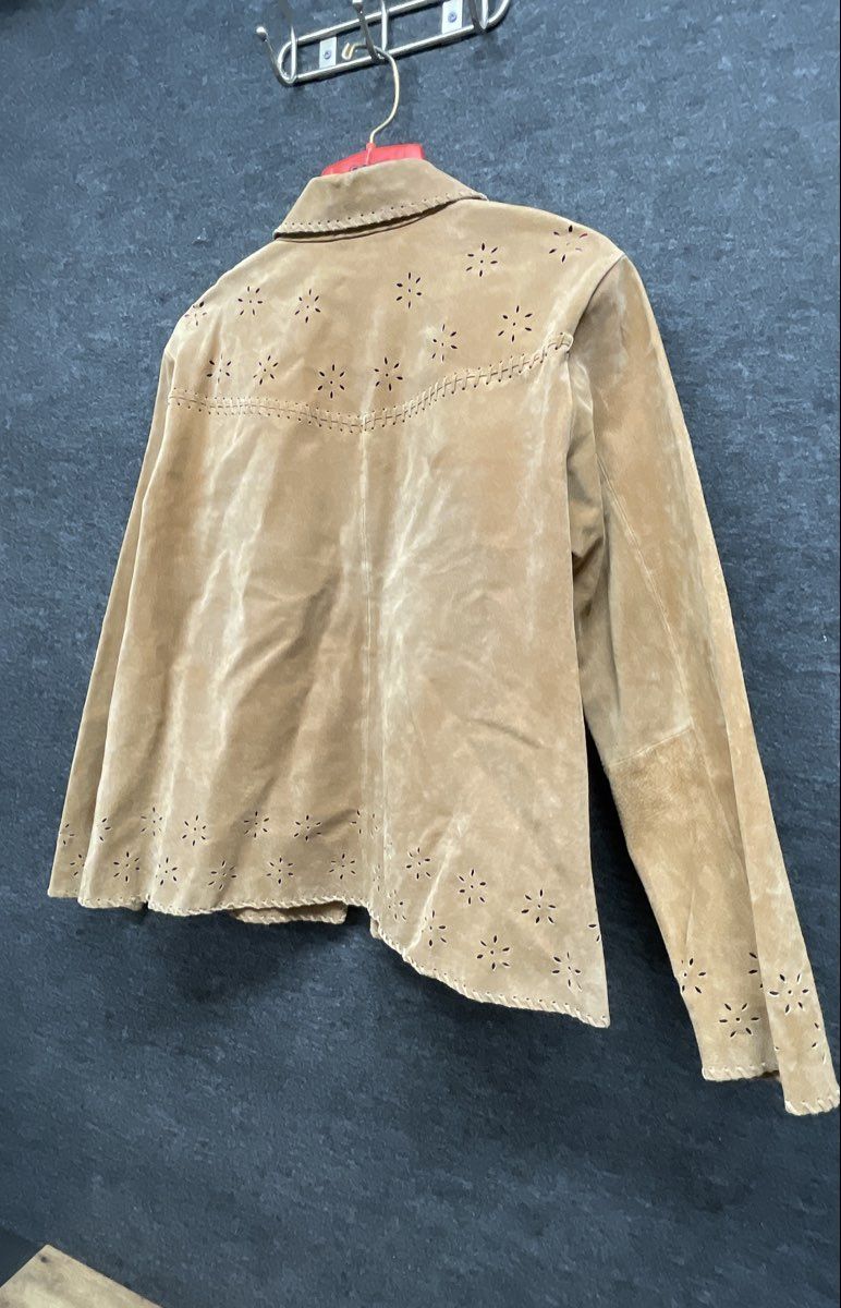 Vintage Coldwater Creek Women's Tan Leather Perforated Floral Jacket Sz L