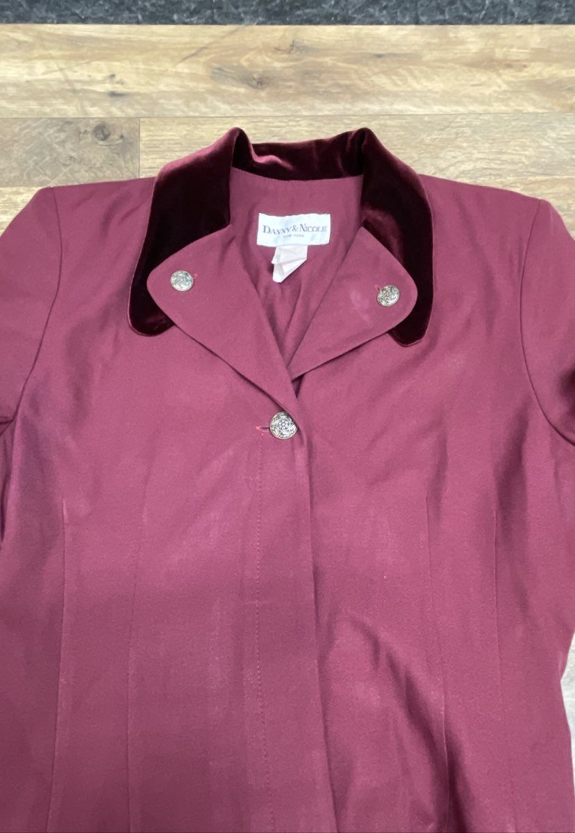 Vintage 90s Danny & Nicole Women's Burgundy Velvet Collar Coat Dress Sz 8