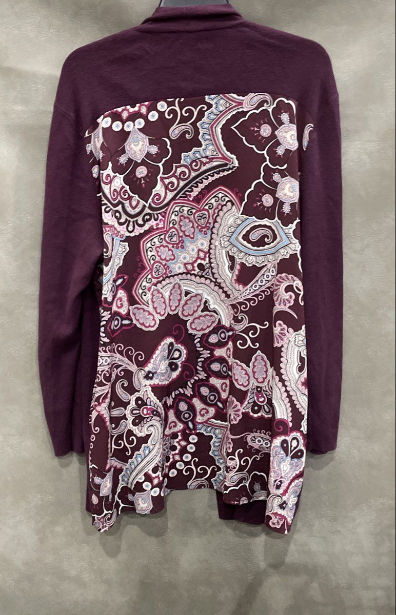 Chico's Women's Purple Open Front Cardigan Mixed Media Paisley Back Sz 3 XL