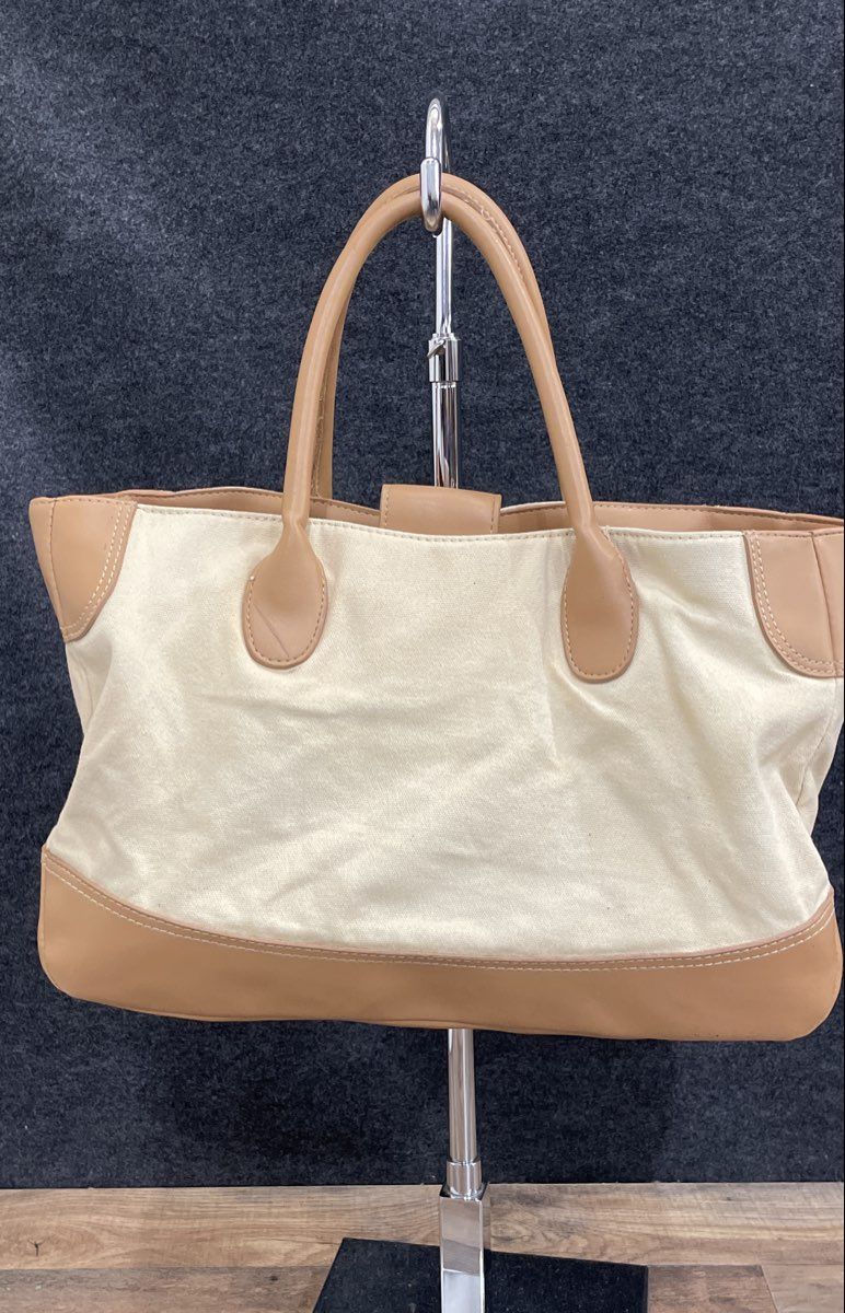 Etienne Aigner Beige Canvas Tan Leather Trim Shoulder Tote Bag Handbag