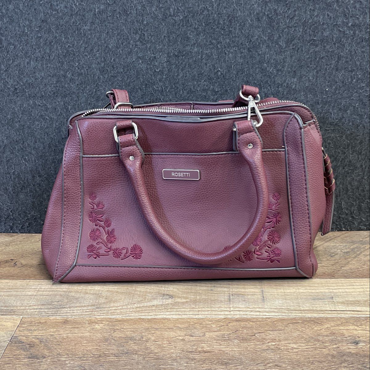Rosetti Burgundy Floral Embroidered Satchel Crossbody Bag Silver Hardware