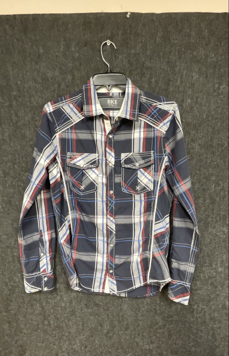 BKE Men's Navy Red Plaid Long Sleeve Western Snap Shirt Tailored Fit Sz S