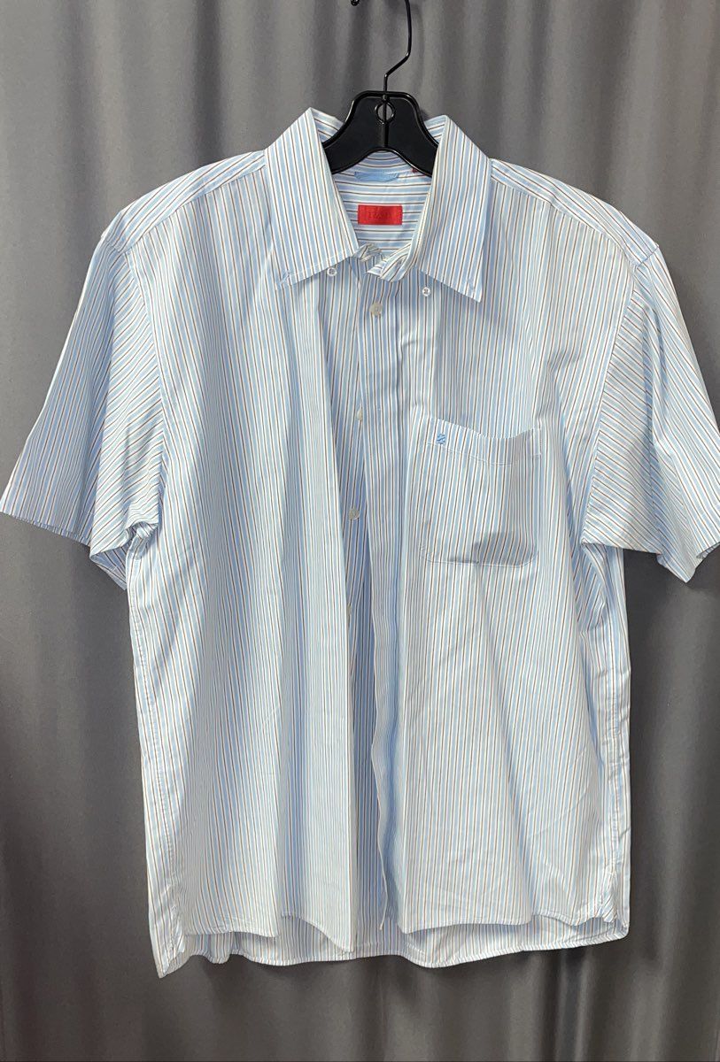 IZOD Men's Blue White Striped Cotton Short Sleeve Button Up Shirt Size L