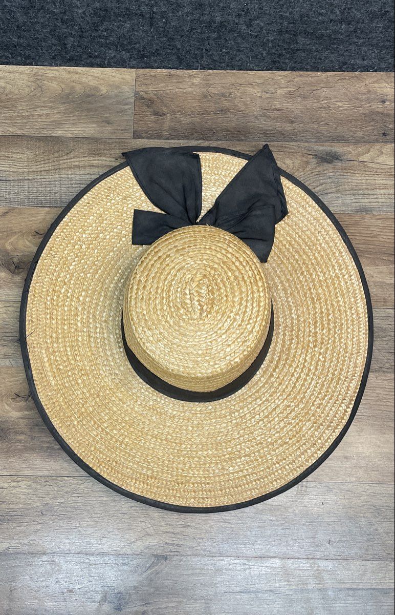 Women's Wide Brim Straw Sun Hat Natural Tan Black Ribbon Bow Beach Summer