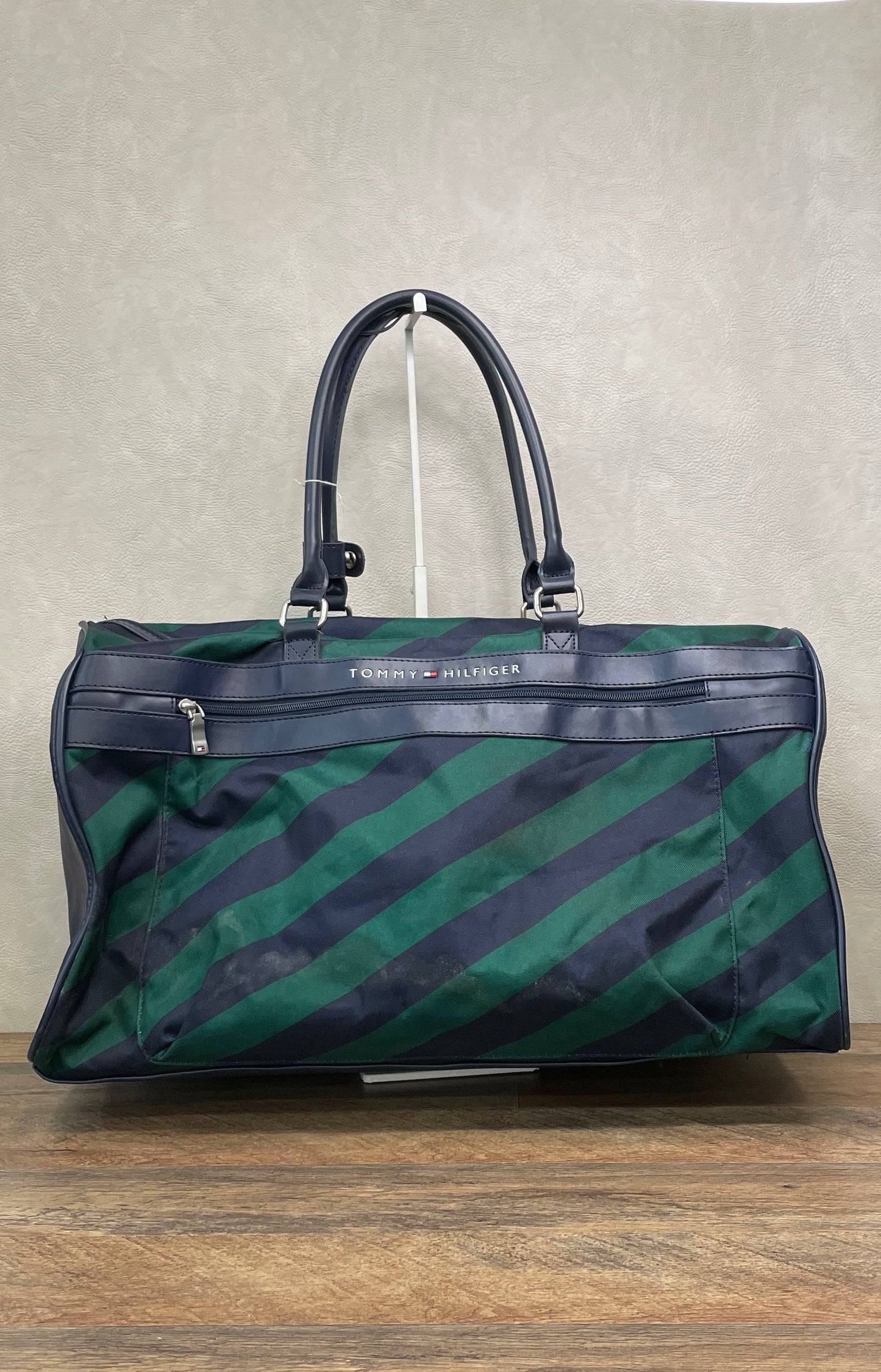 Tommy Hilfiger Navy Green Diagonal Striped Canvas Duffel Weekender Travel Bag