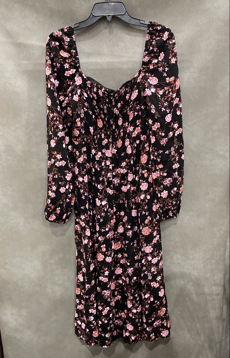 Mi Ami Francesca's Women's Black Pink Floral Tabithyn Midi Dress Long Sleeve M