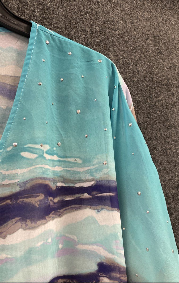 Chico's Women's Paula V Poncho Tibetan Aqua Blue Mixed Watercolor Sz S/M NWT