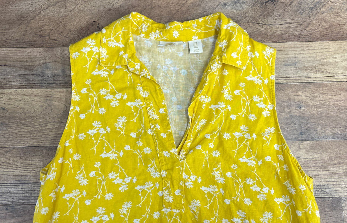 Cynthia Rowley Women's Yellow Floral 100% Linen Sleeveless Shift Dress Size 14