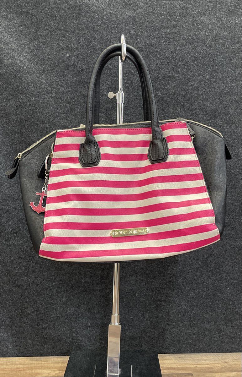 Betsey Johnson Pink White Black Striped Faux Leather Satchel Purse Handbag