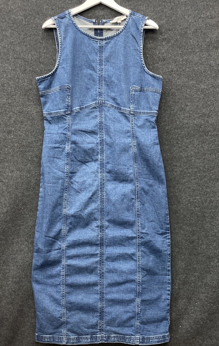 LOFT Women's Blue Denim Sleeveless Sheath Midi Dress Exposed Back Zip Sz 4