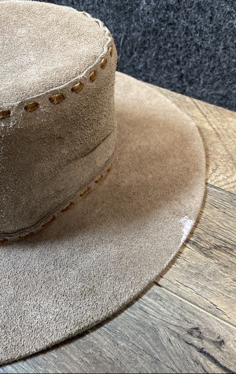 Vintage Hecho en Mexico Tan Suede Western Bolero Hat Leather Laced Sz M