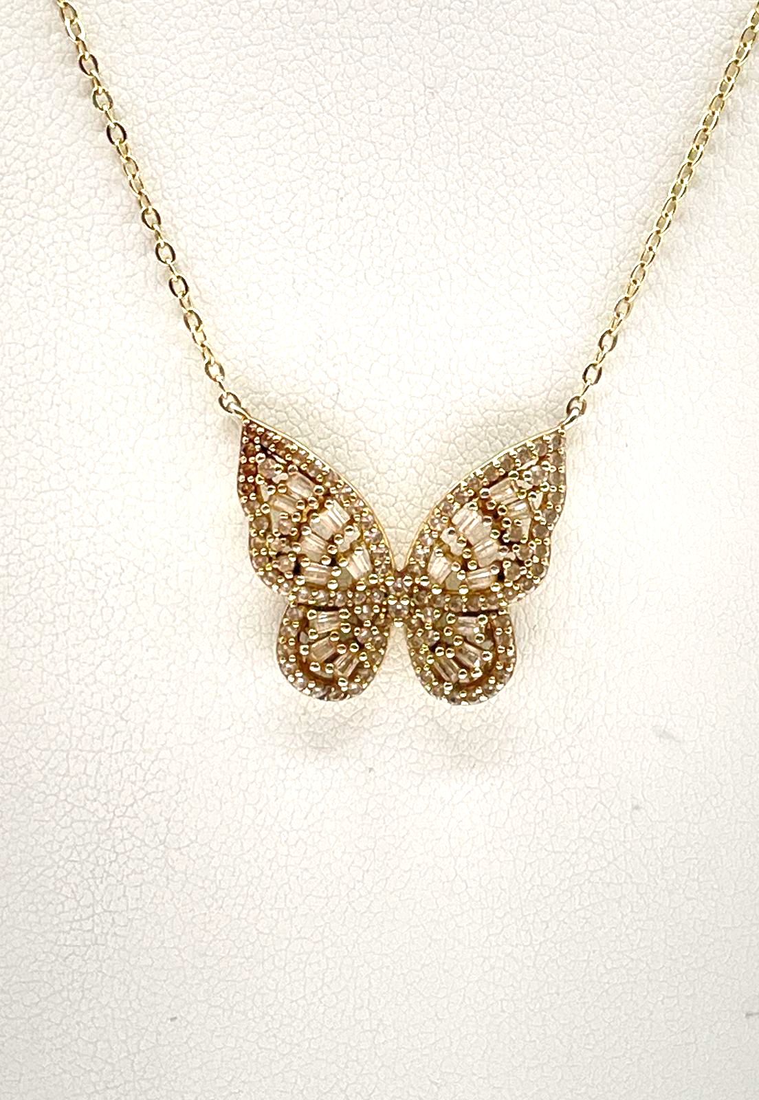 925 Sterling Silver Gold-Tone w/ CZ Accents Butterfly Necklace 3g
