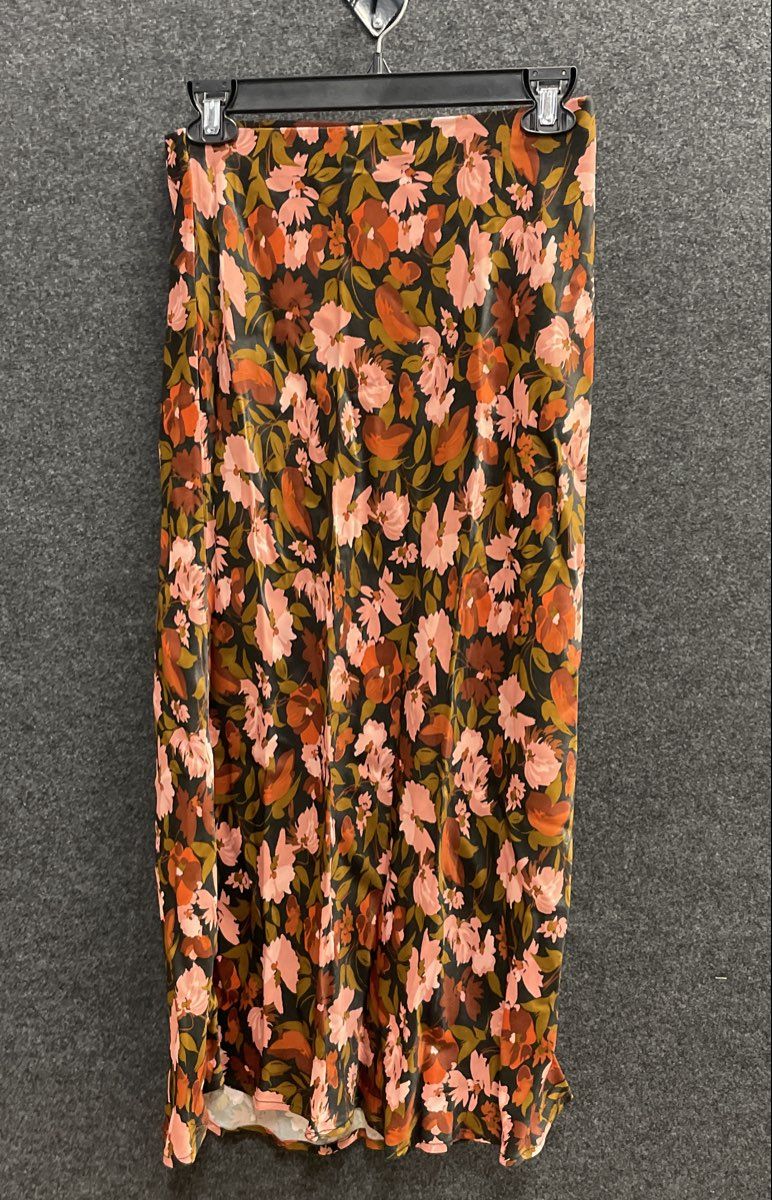 Anthropologie Women's Floral Viscose Midi Skirt Pink Rust Elastic Waist XS