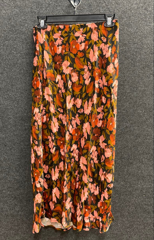 Anthropologie Women's Floral Viscose Midi Skirt Pink Rust Elastic Waist XS