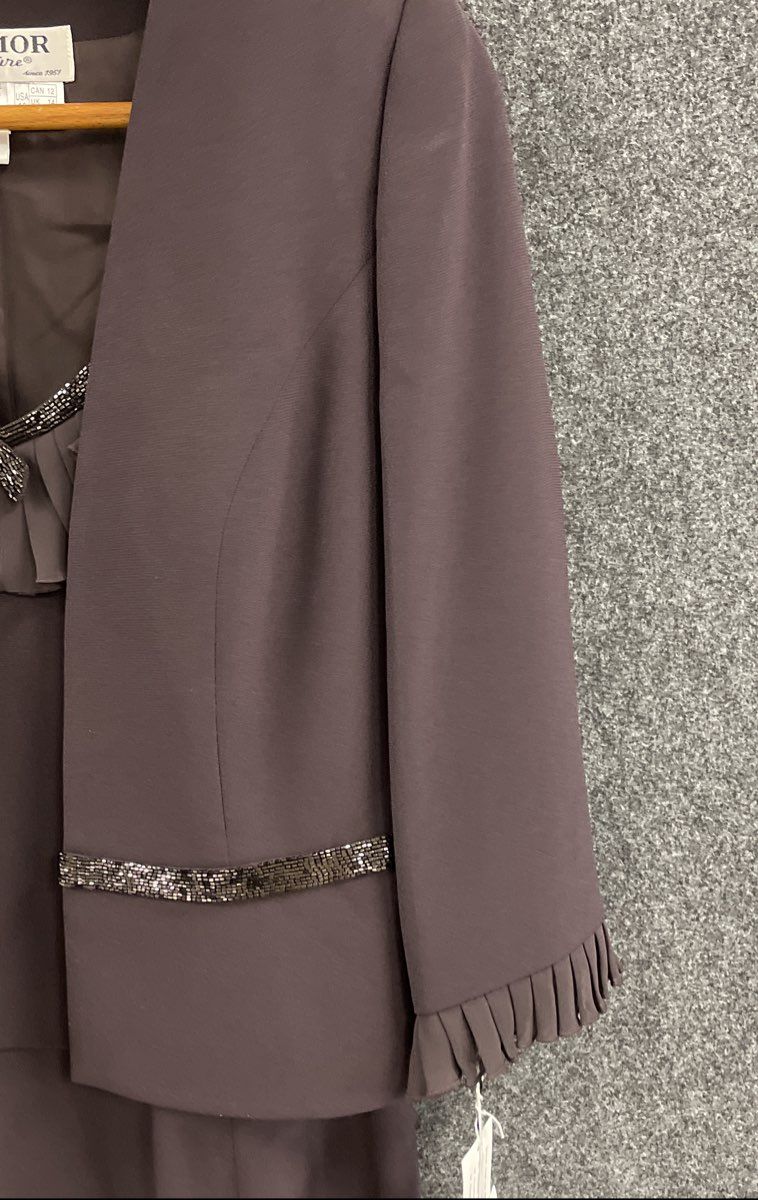 Daymor Women's Brown Beaded Ruffle Jacket & Dress Evening Set NWT Sz 12