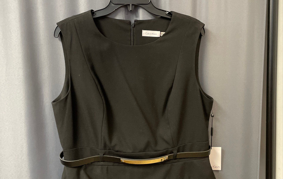 Calvin Klein Women's Black Sleeveless Belted Peplum Sheath Dress Sz 14 NWT