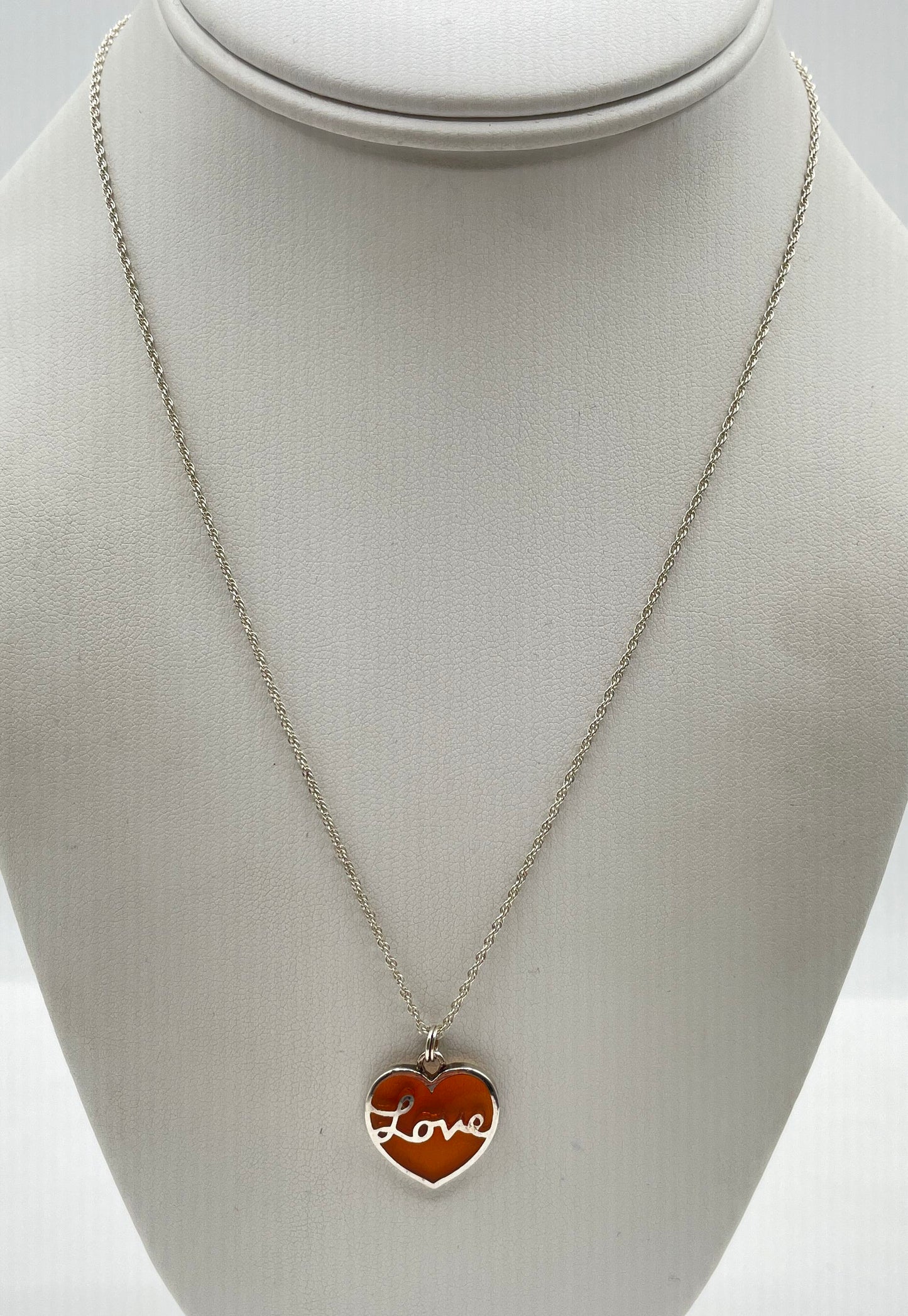 925 Sterling Silver Amber-Colored Resin 'Love' Heart Pendant Necklace 4g