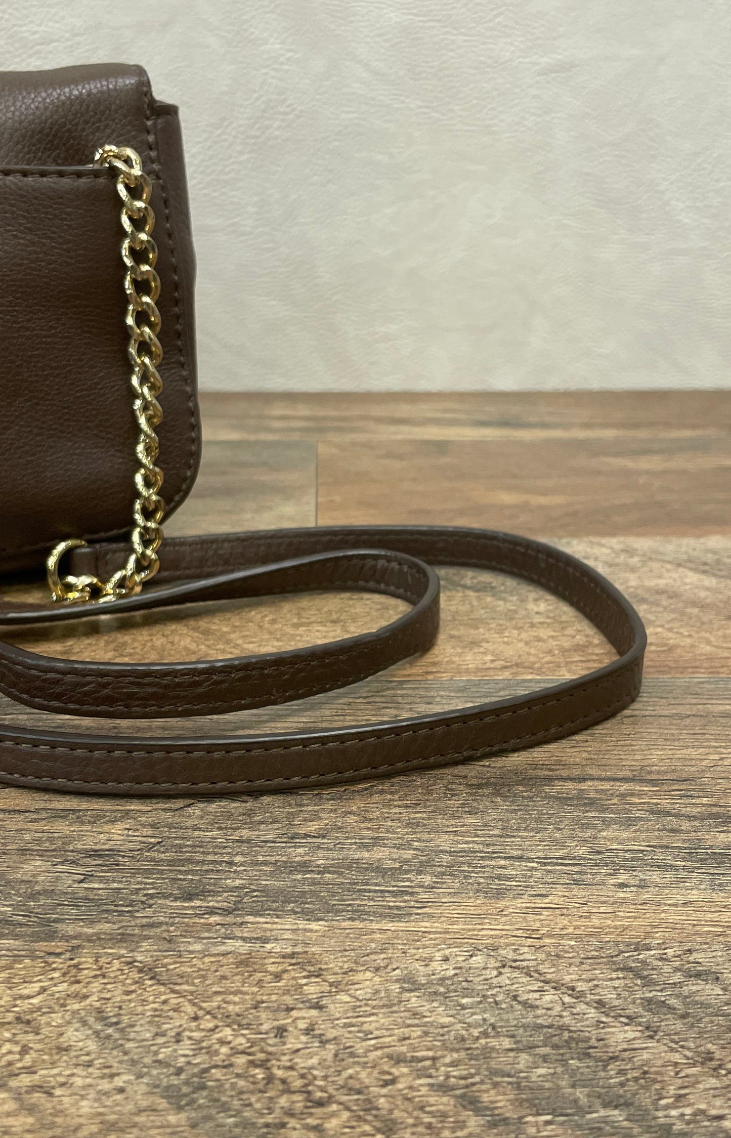 Michael Kors Brown Pebbled Leather Small Crossbody Bag Gold Logo Chain Strap