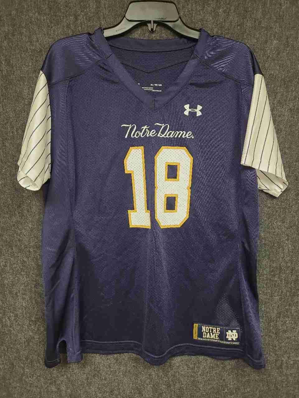 Under Armour Men's Notre Dame #18 Football Jersey Navy Pinstripe Sleeves XL