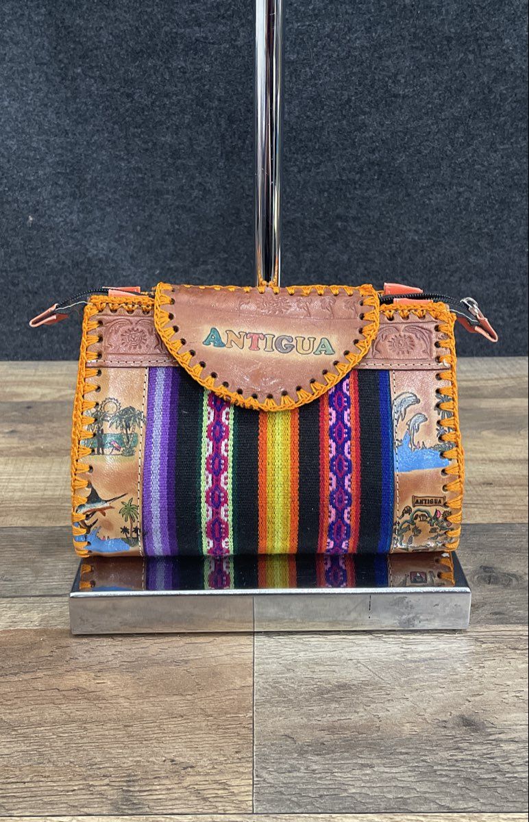 Antigua Hand Painted Leather Woven Textile Zip Clutch Bag Orange Multi Vintage