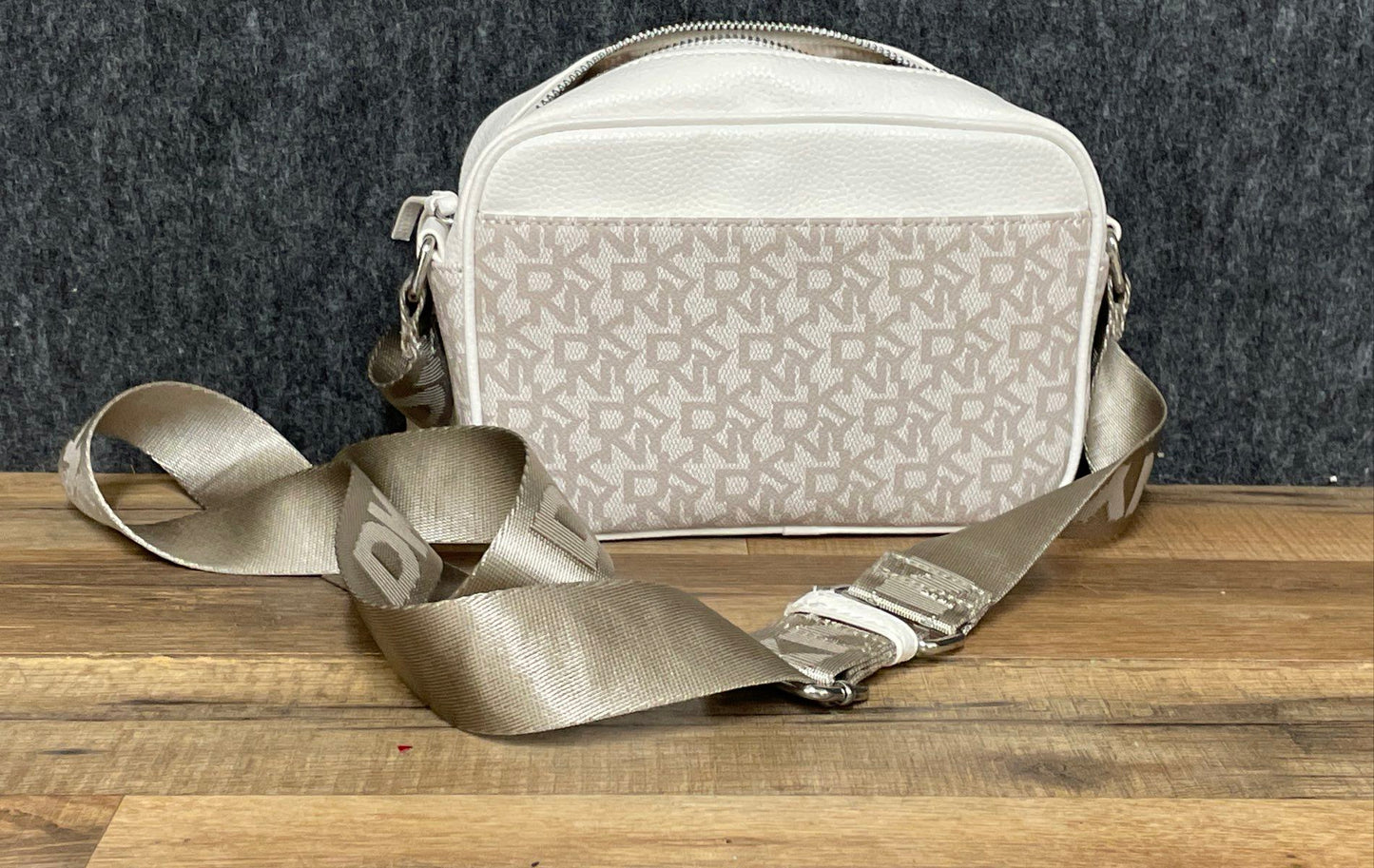 DKNY White Monogram Canvas Camera Crossbody Bag Silver Hardware