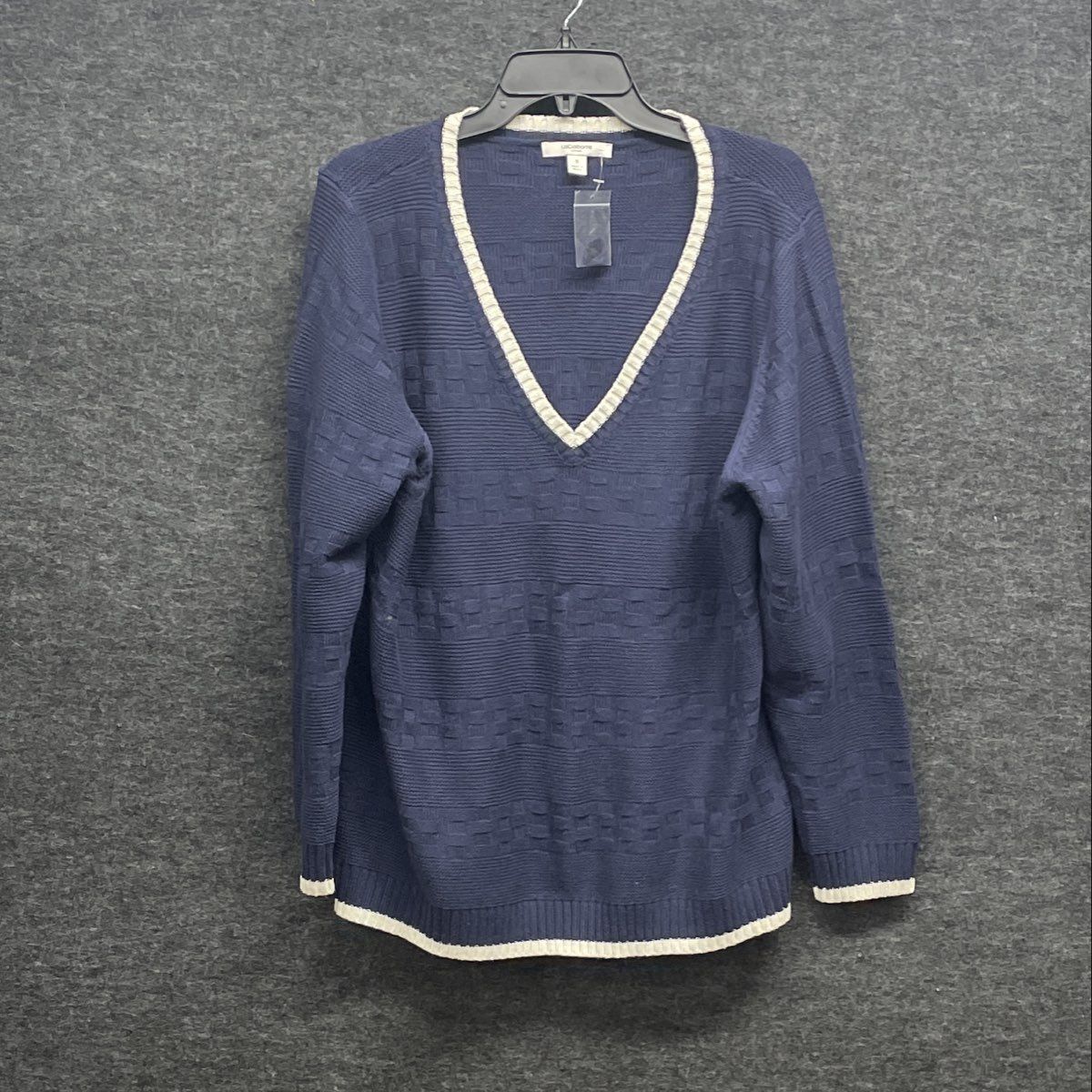 Liz Claiborne Women's V-Neck Sweater Navy Blue Textured Knit White Trim Sz 1X