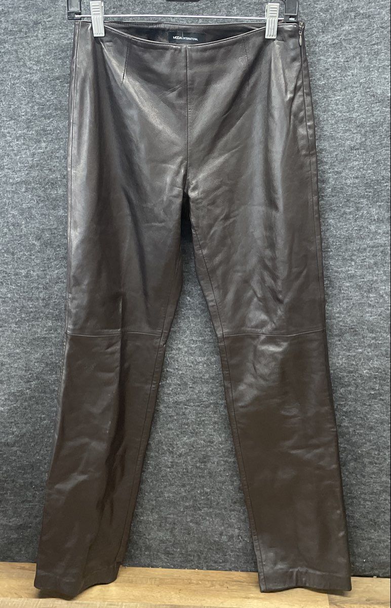 Moda International Women's Dark Brown Leather Straight Leg High Rise Pants Sz 4