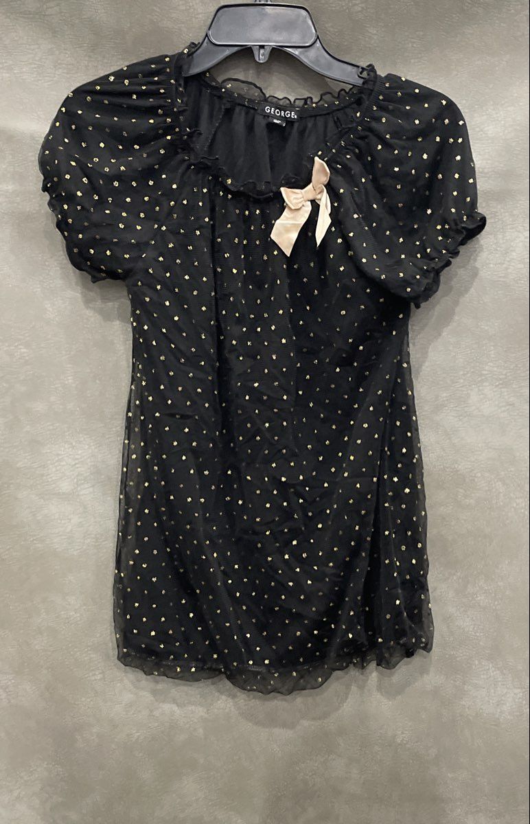 George Women's Black Metallic Polka Dot Bow Mesh Puff Sleeve Blouse Sz XL