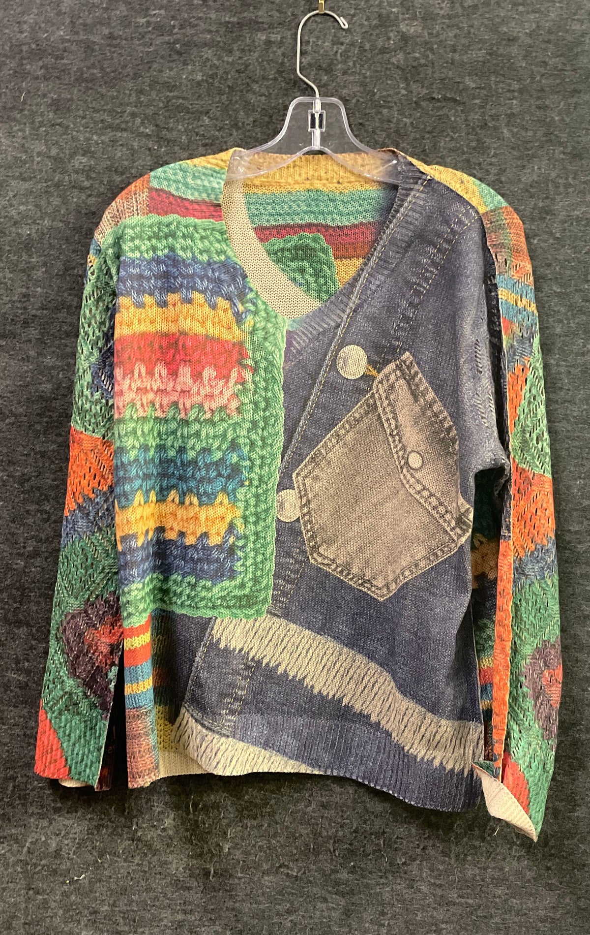 Women's Trompe L'oeil Long Sleeve Top Faux Layered Crochet Denim Print Sz XXL