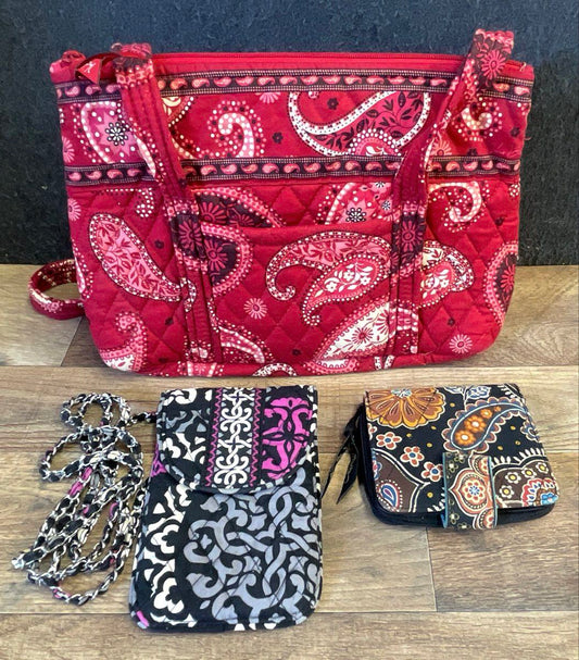 Vera Bradley Handbag Crossbody Phone Bag Wallet Red Paisley Lot of 3