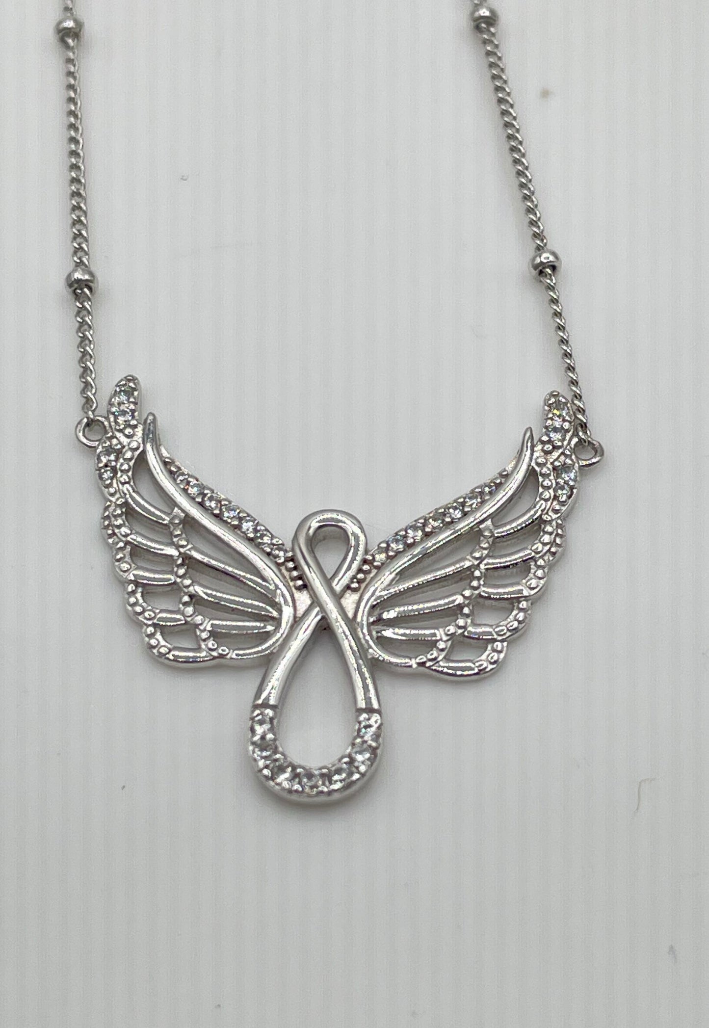925 Sterling Silver Moissanite Angel Wings Infinity Necklace 4.6g