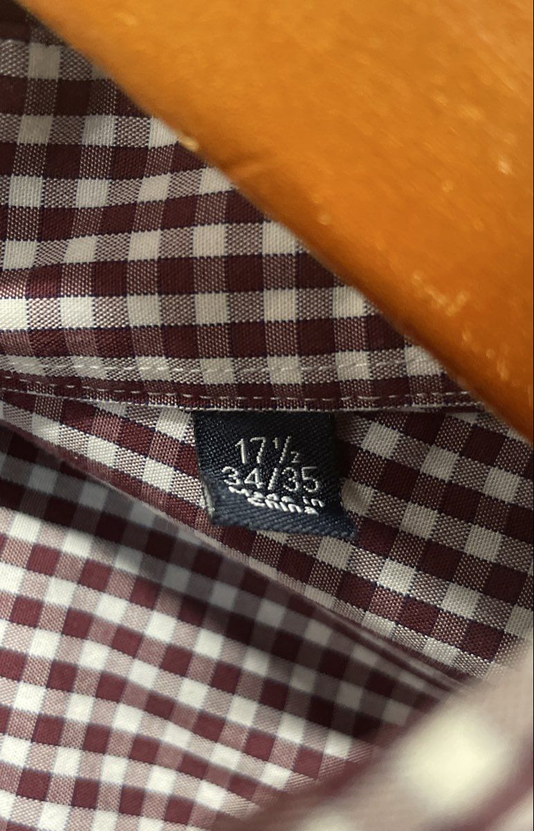 Nautica Men's Burgundy White Gingham Classic Fit Button Down Shirt Sz 17.5 34/35
