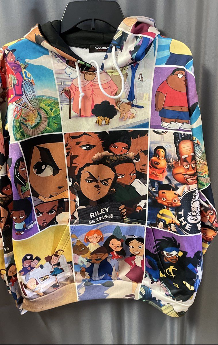 DYKHMILY Men's Boondocks Bebe's Kids Animation All-Over Print Hoodie Sz M