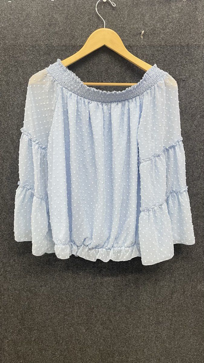 Kirundo Women's Light Blue Off Shoulder Swiss Dot Chiffon Blouse Sz XL