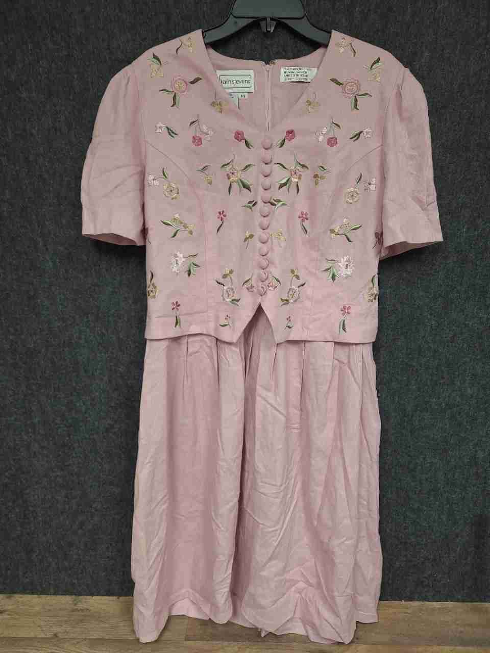 Karin Stevens Women's Vintage 90s Pink Floral Embroidered Linen Dress Sz 14