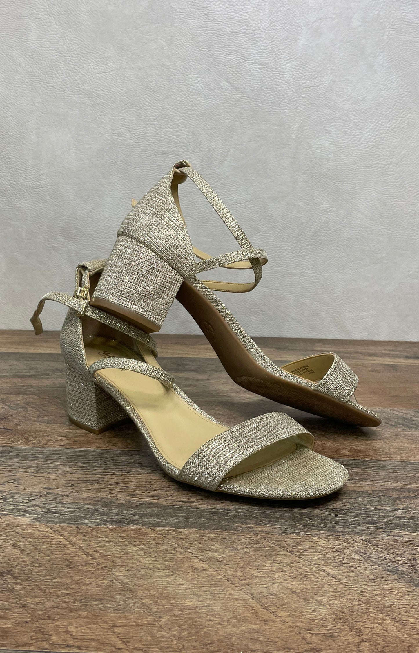 Michael Kors Pale Gold Shimmer Block Heel Ankle Strap Sandals Women's Size 8M