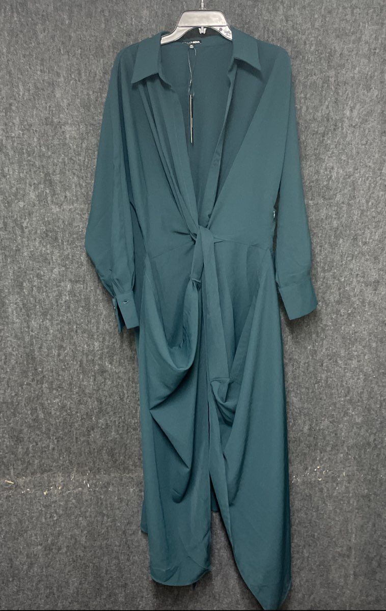 Fashion Nova Women's Green Knot Tie Front Long Sleeve Collared Maxi Dress NWT 1X